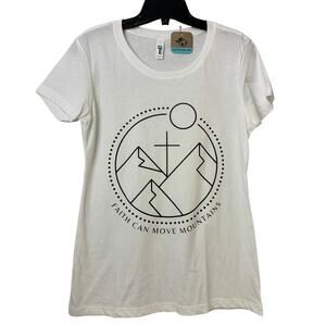 New Hand Printed Womens Large White Faith Can Move Mountains Bible Crew Tee